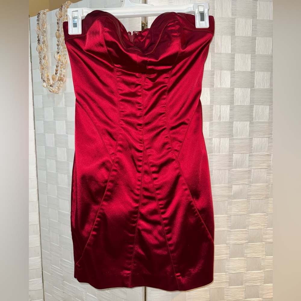 bebe Red Satin Strapless Sweetheart Bodycon Mini Dress XS